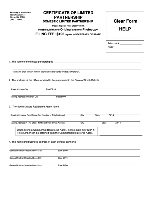 Fillable Certificate Of Limited Partnership Form - 2012 Printable pdf