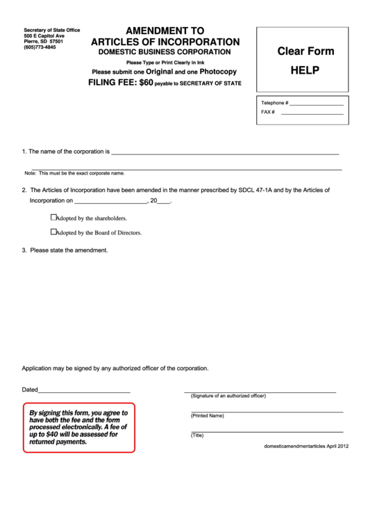 Fillable Amendment To Articles Of Incorporation Domestic Business Corporation Form Printable pdf