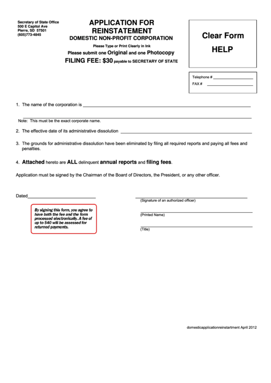 Fillable Application For Reinstatement Domestic Non-Profit Corporation Form Printable pdf