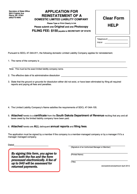 Fillable Application For Reinstatement Of A Domestic Limited Liability Company Form Printable pdf