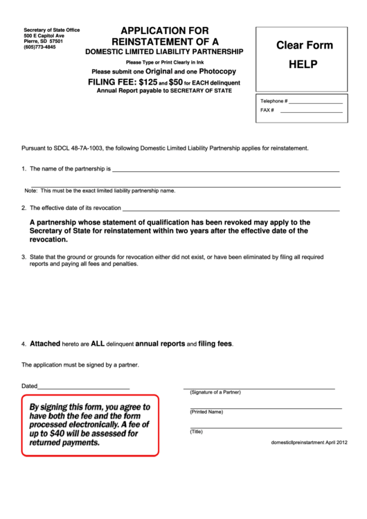 Fillable Application For Reinstatement Of A Domestic Limited Liability Partnership Form Printable pdf
