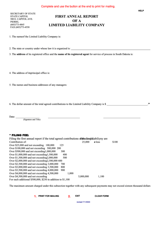 Fillable First Annual Report Of A Limited Liability Company Form Printable pdf