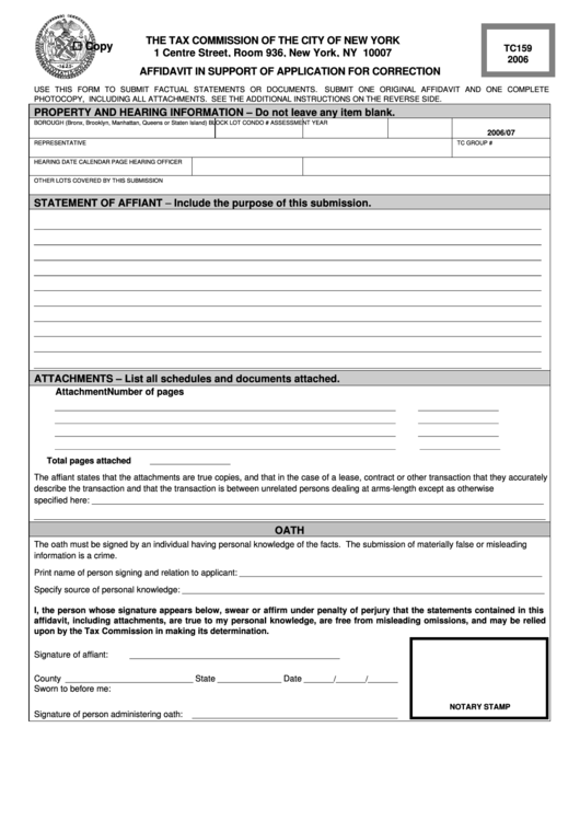 Form Tc159 - Affidavit In Support Of Application For Correction - 2006 Printable pdf