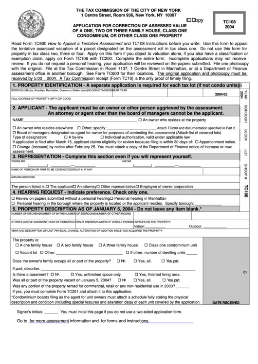 Form Tc108 - The Tax Commission Of The City Of New York - 2004 Printable pdf