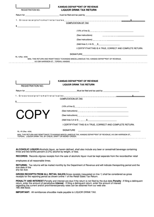 Form Rl-1 - Liquor Drink Tax Return Printable pdf