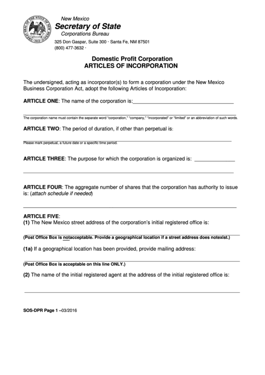 Fillable Form Sos-Dpr - Domestic Profit Corporation Articles Of Incorporation Printable pdf