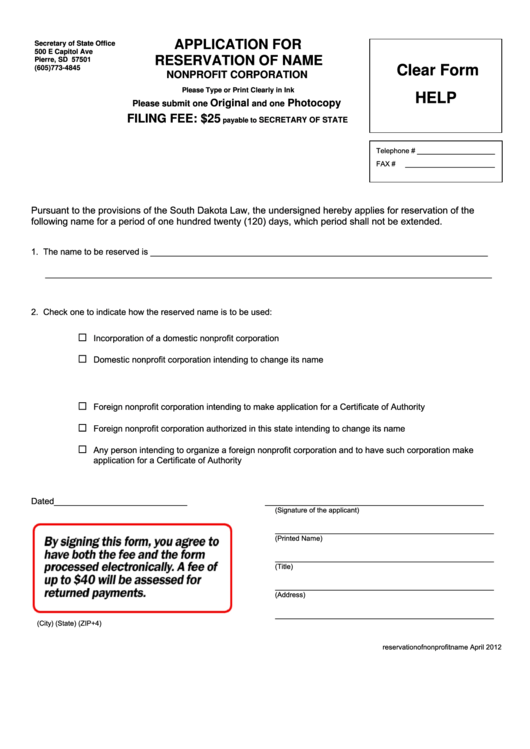 Fillable Application For Reservation Of Name Nonprofit Corporation Form Printable pdf