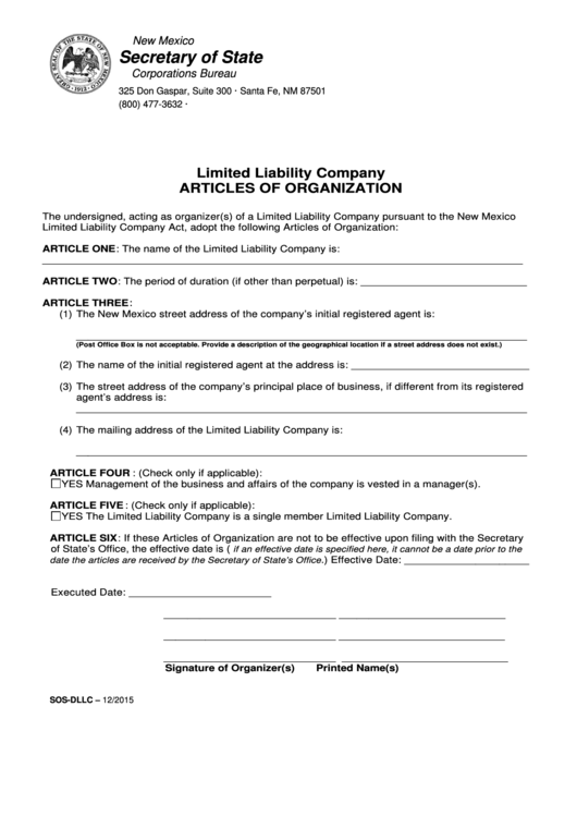 Form Sos-dllc - Limited Liability Company Articles Of Organization