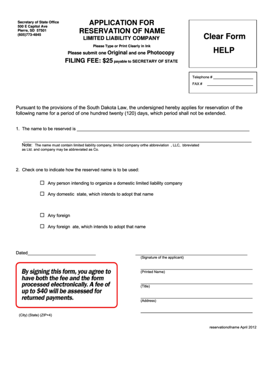 Fillable Application For Reservation Of Name Limited Liability Company Form Printable pdf