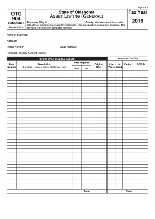 Fillable Form Otc 904 - Asset Listing (General) - 2015 Printable pdf