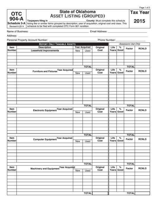 Fillable Schedule 3-A - Form Otc 904-A - Asset Listing (Grouped) - 2015 Printable pdf