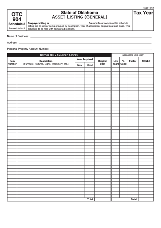 Fillable Form Otc 904 - Asset Listing (General) Printable pdf