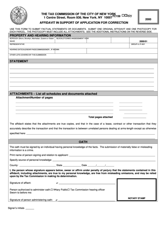 Form Tc159 - Affidavit In Support Of Application For Correction Printable pdf