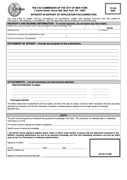 Form Tc159 - Affidavit In Support Of Application For Correction - 2005 Printable pdf