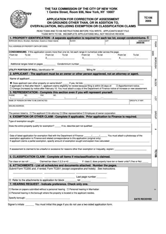 Form Tc106 - Application For Correction Of Assessment On Grounds Other Than, Or In Addition To, Overvaluation, Including Exemption Or Classification Claims - 2005 Printable pdf
