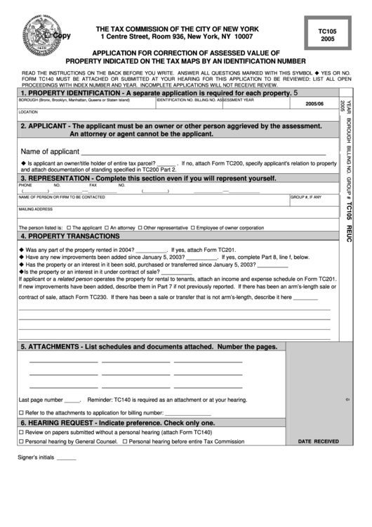 Form Tc105 - Application For Correction Of Assessed Value Of Property Indicated On The Tax Maps By An Identification Number - 2005 Printable pdf