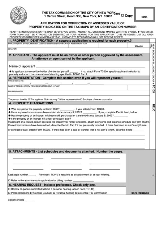 Form Tc105 - Application For Correction Of Assessed Value Of Property Indicated On The Tax Maps By An Identification Number - 2004 Printable pdf