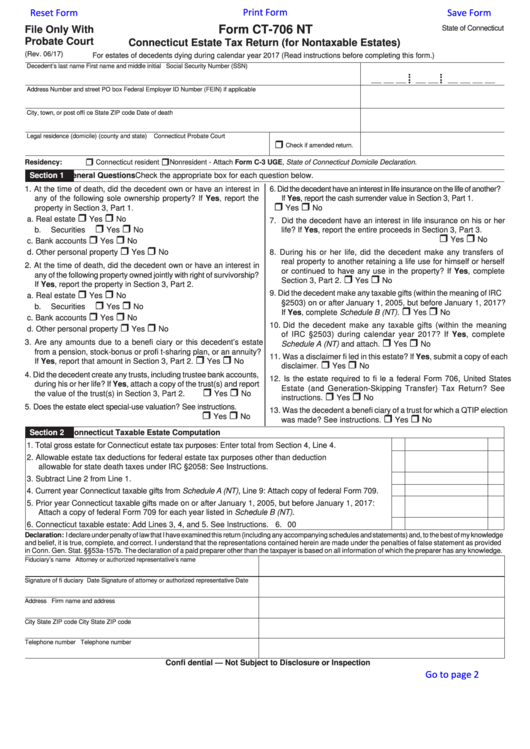 Fillable Form Ct706 Nt Connecticut Estate Tax Return (For Nontaxable