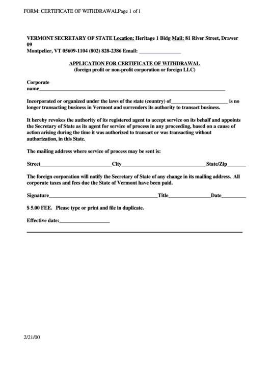 Form: Certificate Of Withdrawal Printable pdf