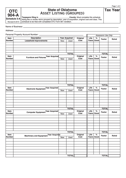 Fillable Schedule 3-A - Form Otc 904-A - Asset Listing (Grouped) Printable pdf