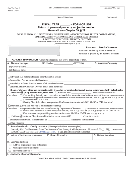 Form 2 - Return Of Personal Property Subject To Taxation General Laws Chapter 59, 29 Printable pdf