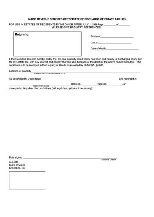 Fillable Maine Revenue Services Certificate Of Discharge Of Estate Tax Lien Form Printable pdf