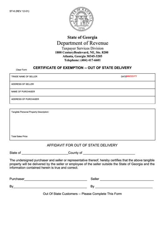 Fillable Form St-6 - Certificate Of Exemption - Out Of State Delivery Printable pdf