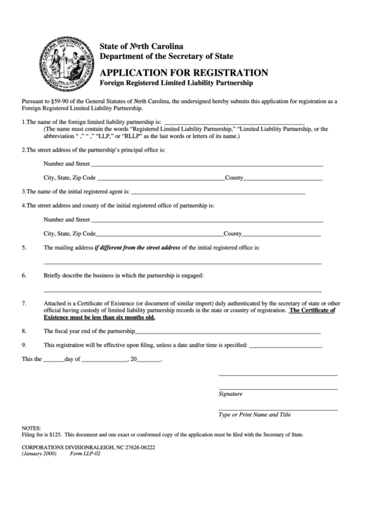 Form Llp-02 - Application For Registration Foreign Registered Limited Liability Partnership Printable pdf