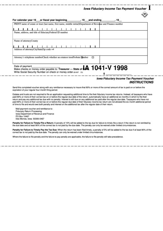 Fillable Form Ia 1041-V - Iowa Fiduciary Income Tax Payment Voucher - 1998 Printable pdf