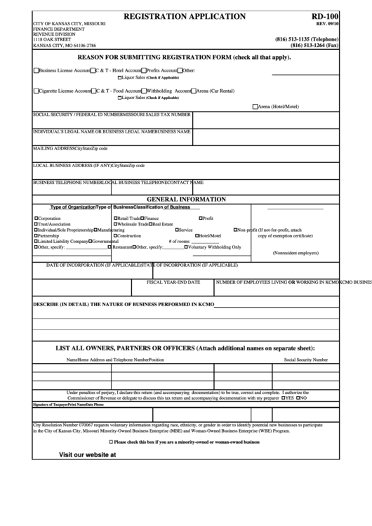 Fillable Form Rd-100 - Registration Application 2010 printable pdf download