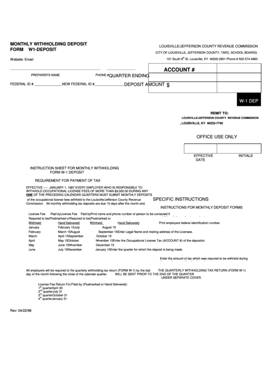 Form W1-Deposit - Monthly Withholding Deposit - 1998 Printable pdf