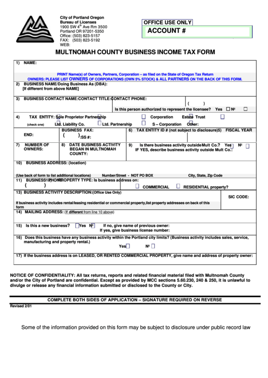Multnomah County Business Income Tax Form Printable pdf