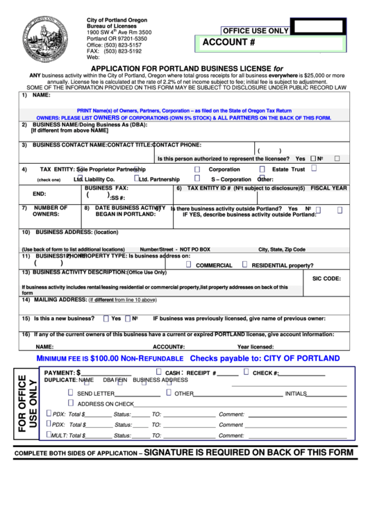 Application For Portland Business License Form Printable pdf