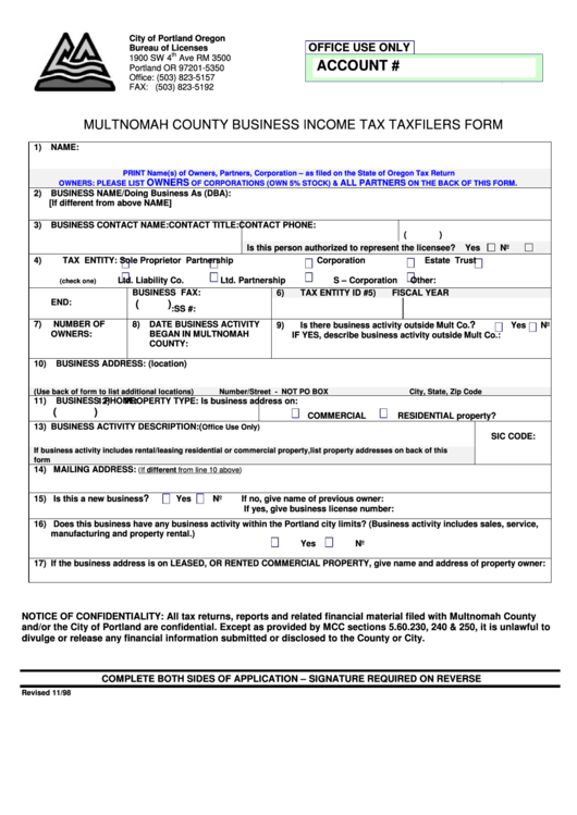 Multnomah County Business Income Tax Taxfilers Form Printable pdf