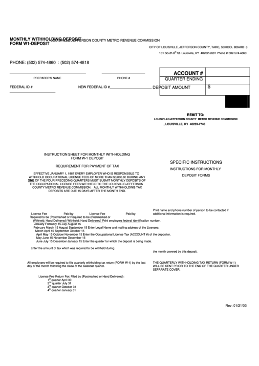 Form W1-Deposit - Monthly Withholding Deposit - 2003 Printable pdf