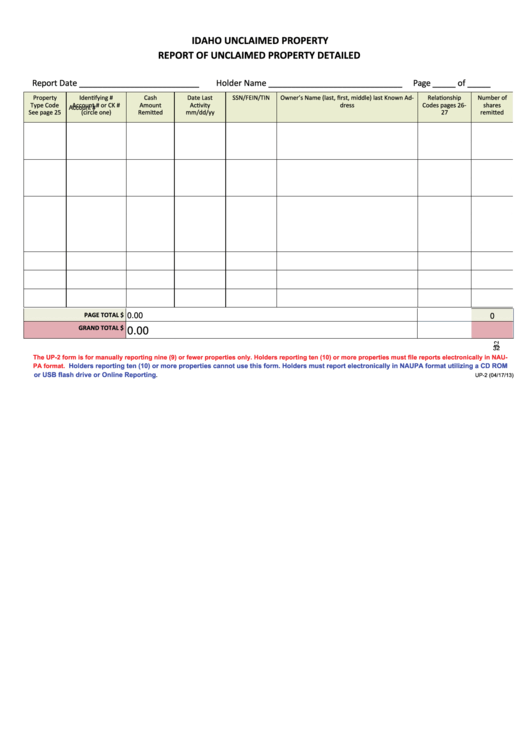 Fillable Form Up-2 - Report Of Unclaimed Property Detailed Printable pdf