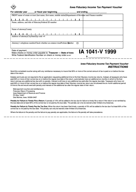 Form Ia 1041-V - Iowa Fiduciary Income Tax Payment Voucher - 1999 Printable pdf