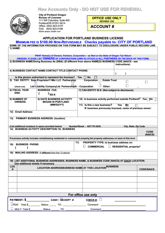 Application For Portland Business License Form - 2003 Printable pdf