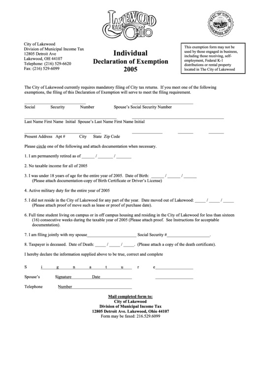 Individual Declaration Of Exemption 2005 Form - City Of Lakewood Printable pdf