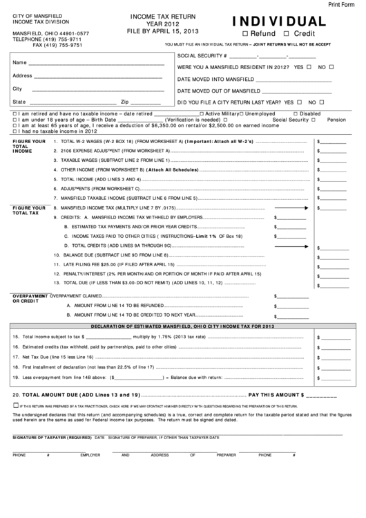 Fillable Income Tax Return Year Form - City Of Mansfield - 2012 Printable pdf