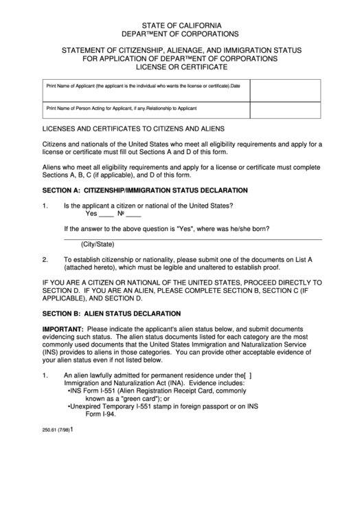 Form 250.61 - Statement Of Citizenship, Alienage, And Immigration Status For Application Of Department Of Corporations License Or Certificate Printable pdf