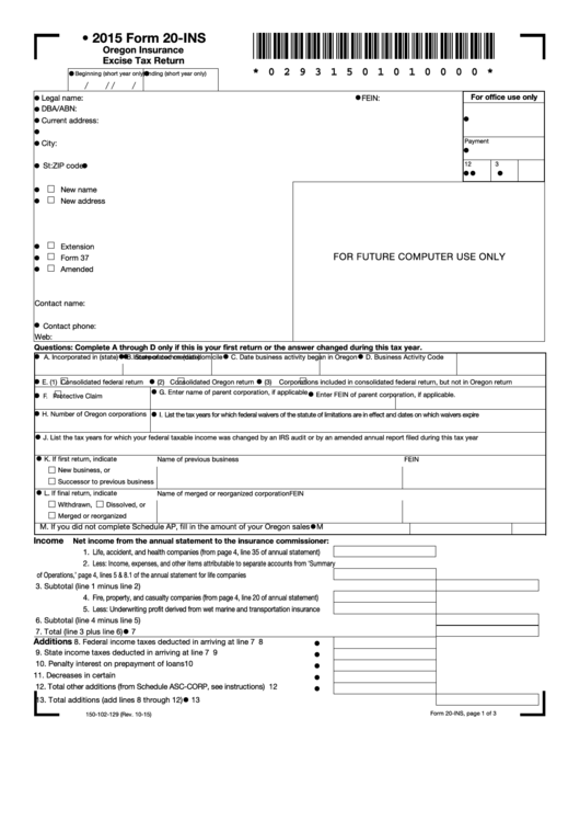 Fillable Form 20-Ins - Oregon Insurance Excise Tax Return - 2015 Printable pdf