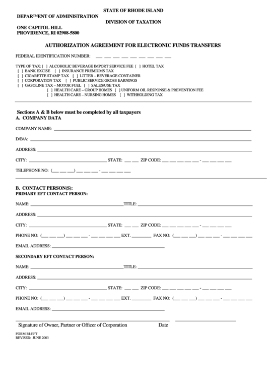 Form Ri-Eft - Authorization Agreement For Electronic Funds Transfers Printable pdf