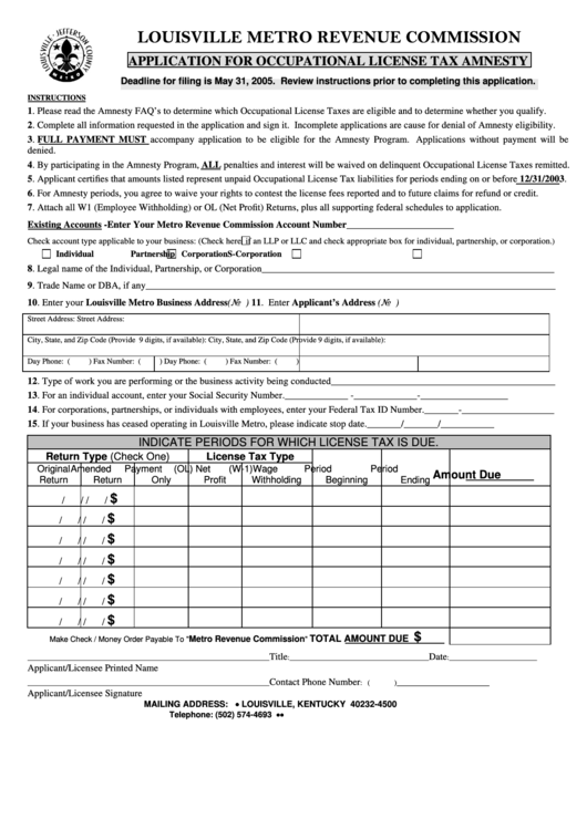 Fillable Application For Occupational License Tax Amnesty Form - Louisville Metro Revenue Commission Printable pdf