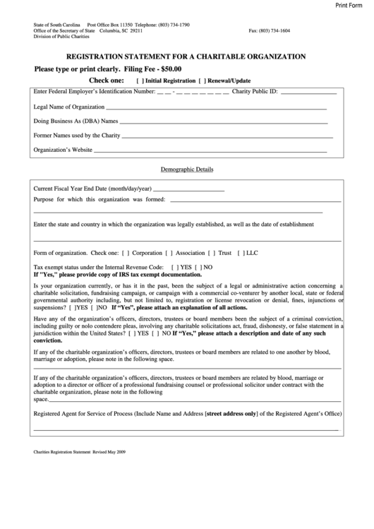 Fillable Registration Statement For A Charitable Organization Form - Secretary Of State Printable pdf
