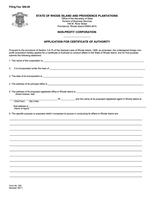 Fillable Form No. 250 - Non-Profit Corporation - Application For Certificate Of Authority Printable pdf