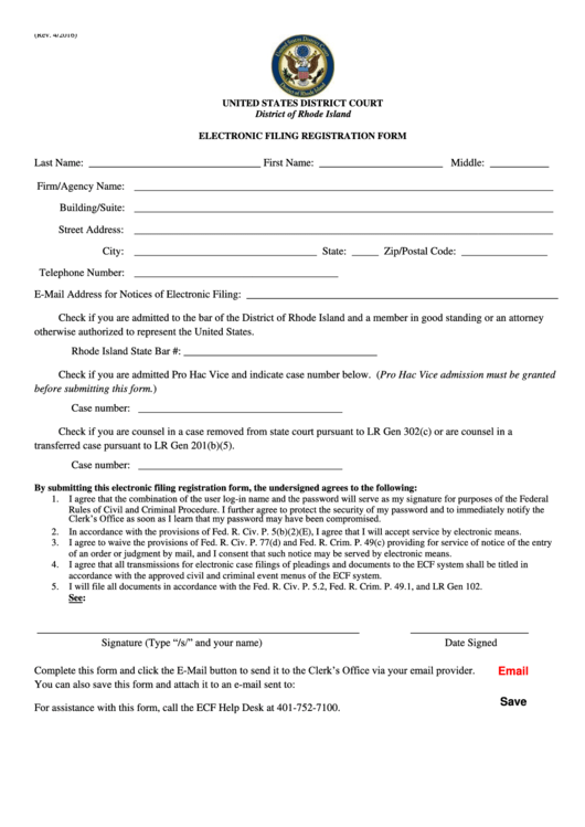 Fillable Electronic Filing Registration Form - United States District Court, District Of Rhode Island Printable pdf