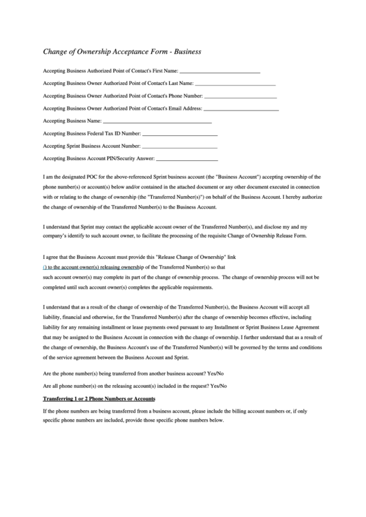 Change Of Ownership Acceptance Form - Business Printable pdf