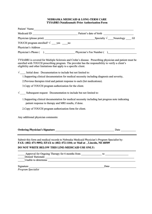 Tysabri (Natalizumab) Prior Authorization Form Printable pdf
