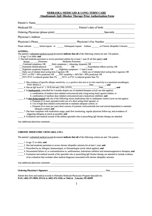 Omalizumab (Ige) Blocker Therapy Prior Authorization Form Printable pdf